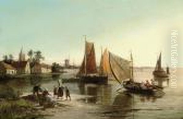 Selling The Day's Catch On The Banks Of A River Oil Painting by William Raymond Dommersen