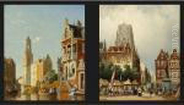 A Market Scene In Rotterdam, The
 Laurentius Church In The Background; A Canal Scene In Amsterdam, The 
Munt Tower In The Background (a Pair) Oil Painting by William Raymond Dommersen