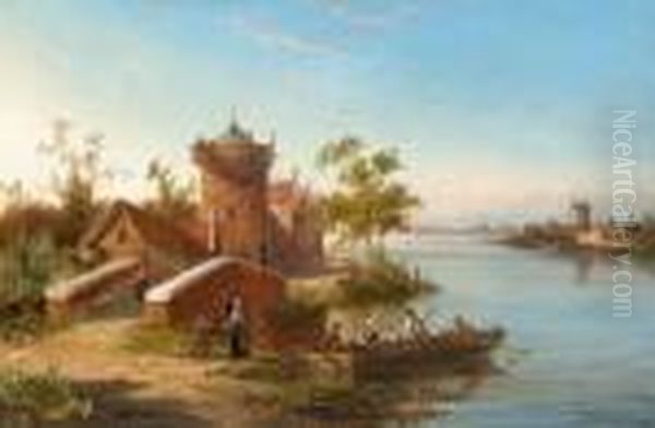 Hollandische
 Flusslandschaft. Oil Painting by William Raymond Dommersen