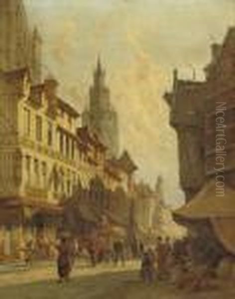A View Of Ghent With The Sint Niklaaskerk And The Tower Of Belfort Beyond Oil Painting by Pieter Cornelis Dommershuijzen