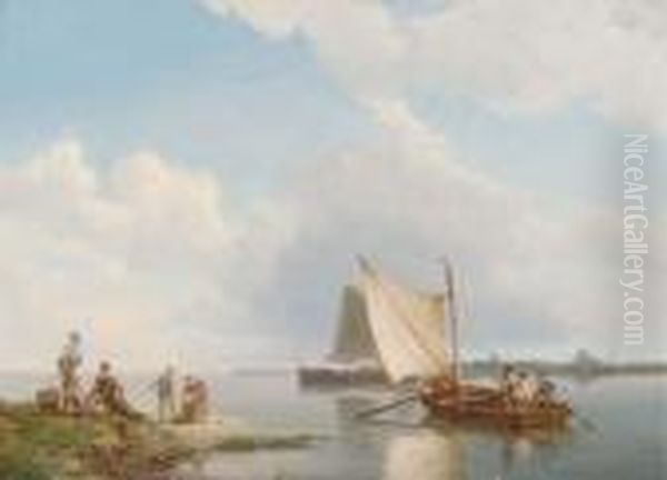Dutch Sailing Boats Off-shore In A Flat Calm Oil Painting by Pieter Cornelis Dommershuijzen