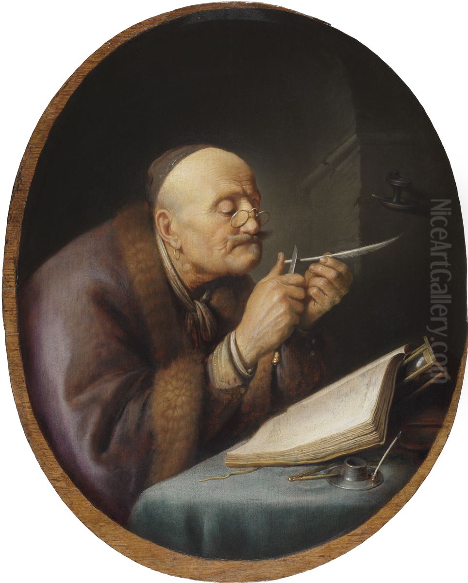 A Scholar Sharpening His Quill Oil Painting by Gerrit Dou