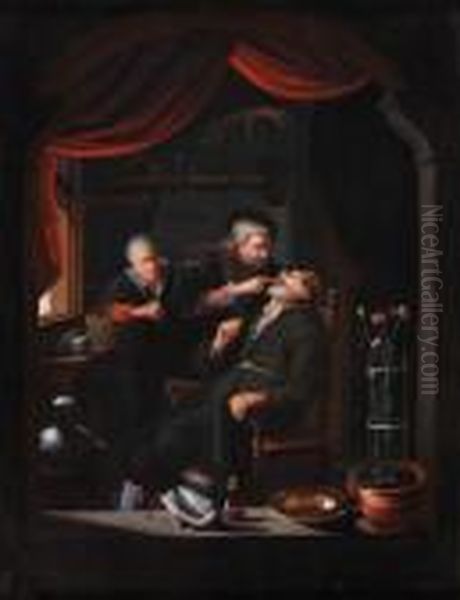 A Dentistexamining The Tooth Of A
 Man Seated In A Chair, An Old Womanpeeping Through A Window Oil Painting by Gerrit Dou