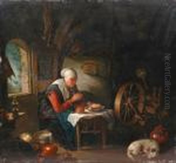 Interior, A Woman Saying Grace 
Before Eating, Spinning Wheel, Pots,basket And A Sleeping Dog, An Open 
Window To The Left Oil Painting by Gerrit Dou