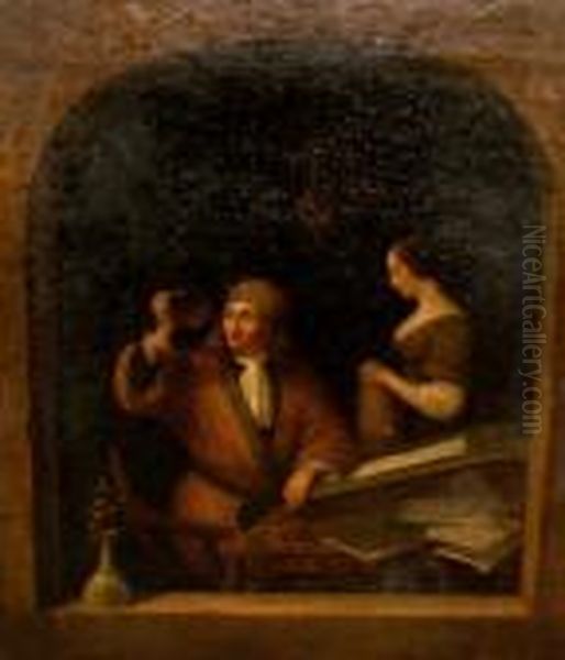 A Gentleman Seated By A Window 
With A Writing Slope Examining A Flask Of Liquid A Young Woman In 
Attendance Oil Painting by Gerrit Dou