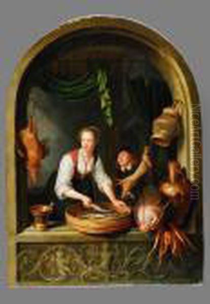 Rundbogig Komponiertes Olbild 
Mit Darstellung Einer Jungen Kuchenmagd, Die In Einem Steinernen, 
Rundbogigen Fensterrahmen Steht. Sie Ist Tragt Einen Dunklen Rock, Rotes
 Miederwams Uber Weissem Hemd, Das An Der Brust Leicht Geoffnet Ist. Das
 Blondb Oil Painting by Gerrit Dou