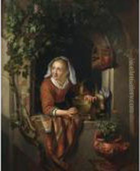 A Woman At A Partially Draped 
Casement With Dead Fowl In A Bucket By A Birdcage And Flowers In An Urn Oil Painting by Gerrit Dou