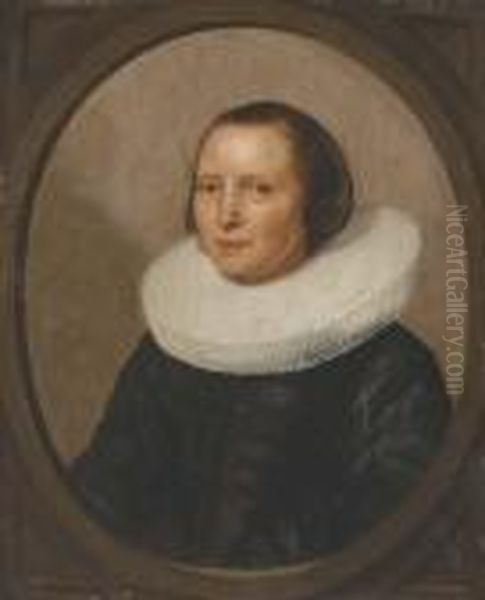 Portrait Of A Lady, Bust-length,
 In A Black Velvet Dress With Awhite Ruff, In A Feigned Oval Oil Painting by Gerrit Dou
