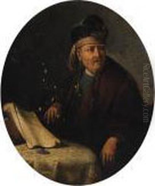 Portrait Of A Man, Half-length, 
In Oriental Costume, Seated At Atable; And Portrait Of A Woman, 
Half-length, In Fur-trimmed Robesand A Headdress, Seated At A Table Oil Painting by Gerrit Dou