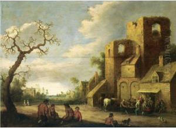 A Village Scene With Peasants 
Drinking Outside An Inn, Otherfigures Resting Beneath A Tree Oil Painting by Joost Cornelisz. Droochsloot