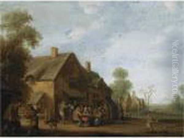 A Village Street With A Group Of
 Peasants Seated Outside An Inn, A Boy Playing With A Dog In The 
Foreground Oil Painting by Joost Cornelisz. Droochsloot