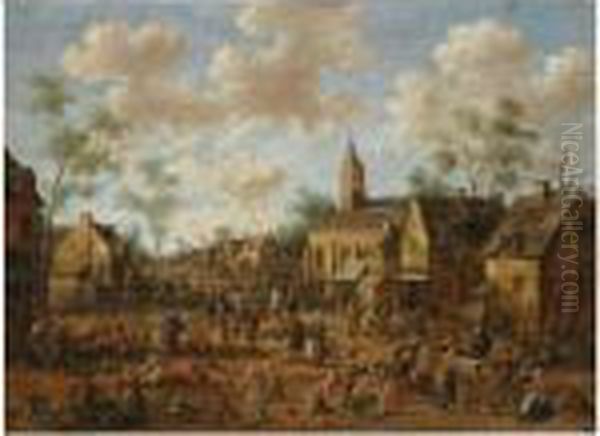 A Village Kermesse, With 
Numerous Figures Feasting Andconversing In The Street, Other Figures 
Gathered Around A Quackdoctor In The Foreground, A Church On The Right 
With A Crowd Oil Painting by Joost Cornelisz. Droochsloot