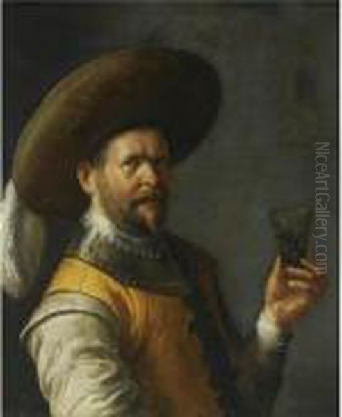 A Self Portrait Of The Artist, 
Half Length, Dressed As Acavalier, Wearing A Feathered Head, Holding A 
Glass In His Lefthand Oil Painting by Joost Cornelisz. Droochsloot