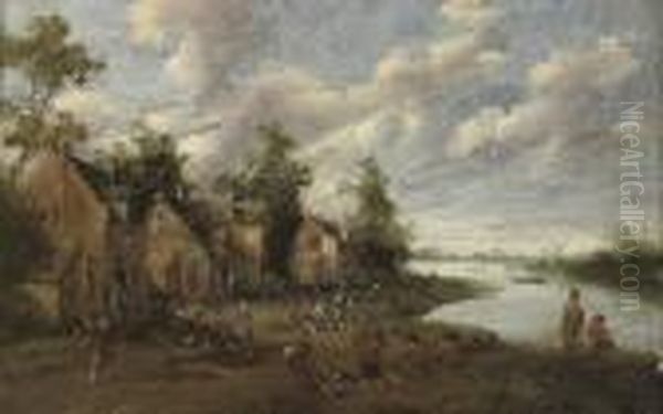 A Village With Figures Outside 
An Inn, A Church Beyond; And A Riverside Village With Fishermen And 
Figures Conversing Oil Painting by Joost Cornelisz. Droochsloot