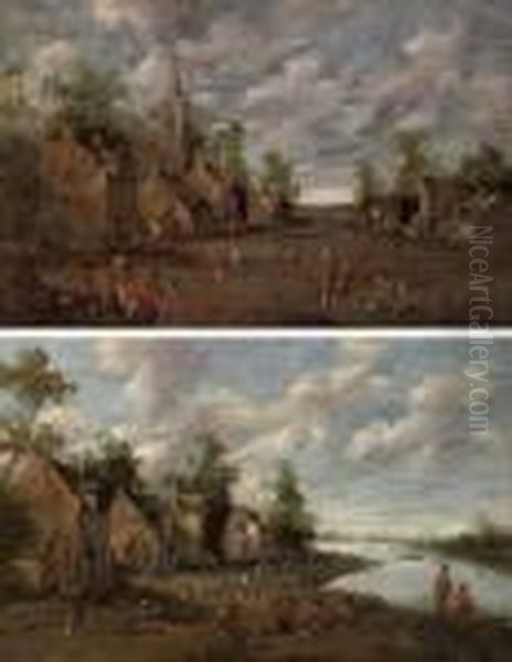 A Village With Figures Outside 
An Inn, A Church Beyond; And A Riverside Village With Fishermen And 
Figures Conversing Oil Painting by Joost Cornelisz. Droochsloot