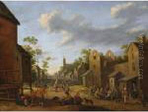 A Village Street Scene With 
Peasants Drinking Outside An Inn, A Beggar Woman In The Foreground, A 
View Of A Church Tower Beyond Oil Painting by Joost Cornelisz. Droochsloot