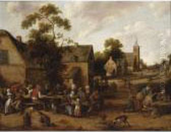 A Village Scene With Peasants 
Drinking And Smoking Around Tables, Other Figures Conversing In The 
Background, A Church Beyond Oil Painting by Joost Cornelisz. Droochsloot