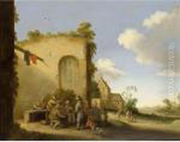 A Village Street With Peasants 
Drinking And Eating At A Table Together With A Dog, Other Figures Beyond Oil Painting by Joost Cornelisz. Droochsloot