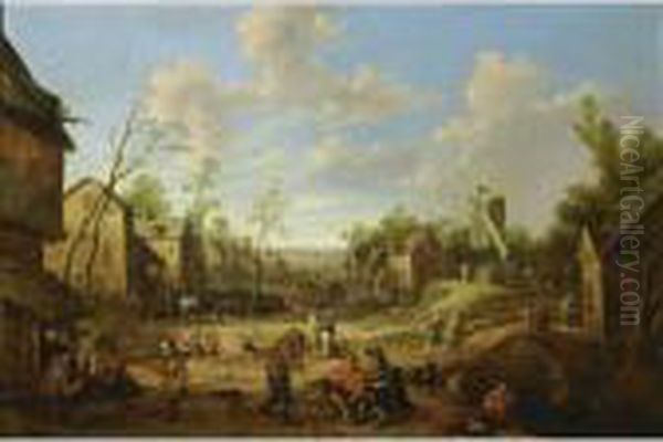 A Village Street With A Mill And
 Figures Outside A Tavern And Other Figures On The Street With 
Horse-drawn Wagons Oil Painting by Joost Cornelisz. Droochsloot