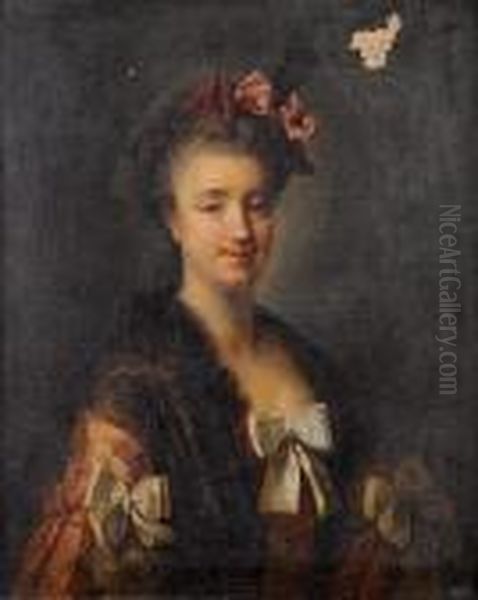 Portrait Of A Lady, Half-length,
 In A Pinkembroidered Silk Dress And A Black Lace Shawl, A Pink Ribbon 
In Herhair Oil Painting by Francois-Hubert Drouais