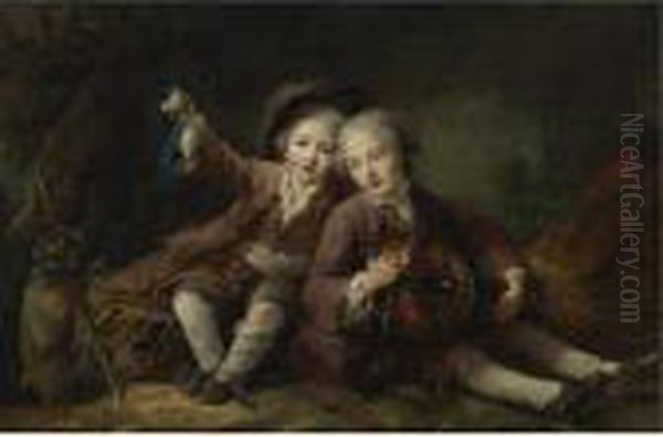 The Children Of The Duc De 
Bouillon Dressed As Montagnards; One Playing A Hurdy-gurdy, The Other 
Playing With A Marmot On A Ribbon Oil Painting by Francois-Hubert Drouais