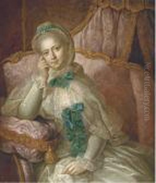 Portrait Of A Lady, 
Three-quarter-length, In A White Satin Dresswith Blue Ribbons, A Lace 
Cape, A White And Blue Headdress, Seatedon A Pink Sofa In Front Of A 
Pink Curtain Oil Painting by Francois-Hubert Drouais
