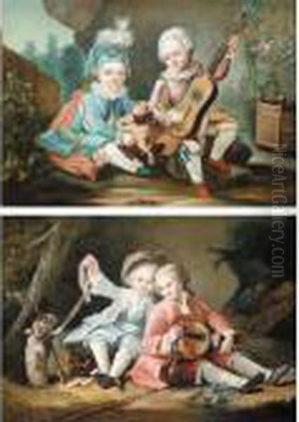 Portrait Of Two Children, One 
Holding A Guitar The Other Holding A Pug, Said To Be The Children Of The
 Duc De Bouillon Oil Painting by Francois-Hubert Drouais