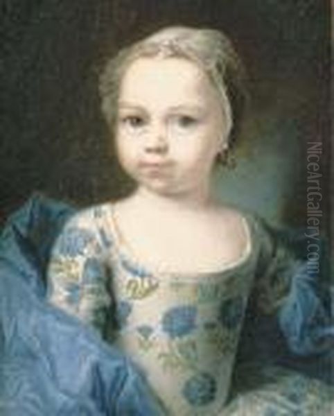 Portrait Of A Young Girl, Small 
Half-length, In A White Silk Dresswith A Blue Floral Pattern And A Blue 
Silk Shawl, With A Laceheaddress Oil Painting by Francois-Hubert Drouais