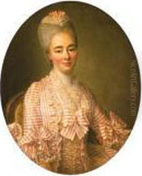 Portrait Of A Lady, Said To Be 
Yvonette Moulin De La Racinire,seated Half-length, In A Pink And White 
Striped Dress With Lacetrimmings Oil Painting by Francois-Hubert Drouais