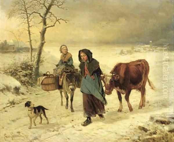 Farmgirls on a path in winter Oil Painting by Louis Simon Lassalle