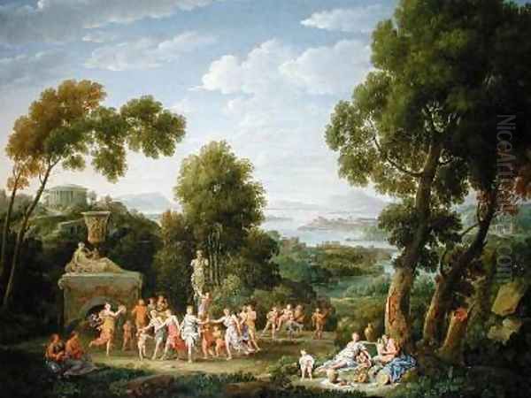 A Wooded Italianate Landscape with Nymphs Dancing 1728 Oil Painting by Hendrik Frans van Lint (Studio Lo)