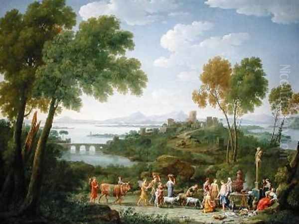 An Extensive Italianate Landscape with a Sacrifice 1728 Oil Painting by Hendrik Frans van Lint (Studio Lo)