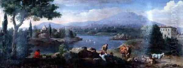 Italianate Landscape with Cowherds Resting Oil Painting by Hendrik Frans van Lint (Studio Lo)
