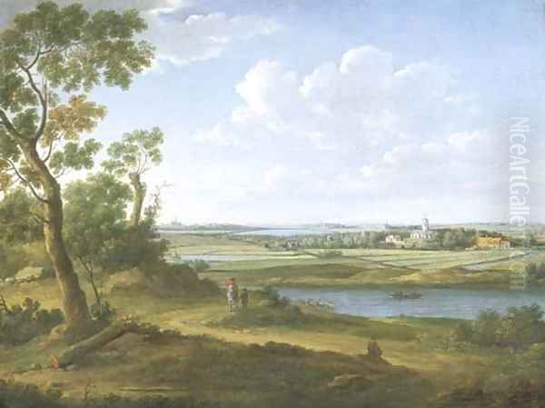 An extensive river landscape with a horseman and his servant on a path, villages and a town beyond Oil Painting by Hendrik Frans van Lint (Studio Lo)