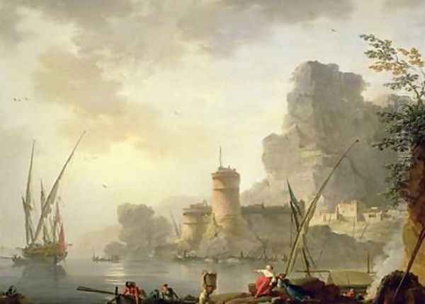 A Mediterranean Harbour Scene at Sunset Oil Painting by Charles Francois Lacroix de Marseille