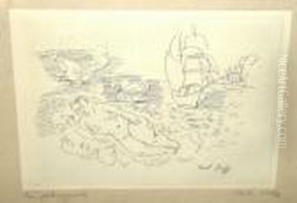 Figure By The Seashore With Tall
 Masted Ships; Etching, Signed Within The Plate, Bears Inscription On 
The Mount, 21.5x31cm Oil Painting by Raoul Dufy