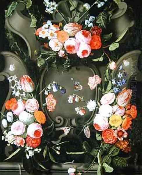 A stone cartouche adorned with bouquets of flowers Oil Painting by Christian Luycks