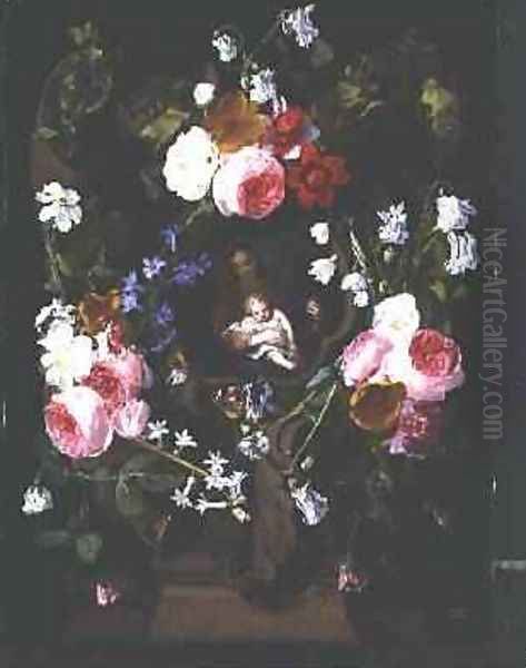 Madonna and Child Surrounded by a Garland of Flowers Oil Painting by Christian Luycks