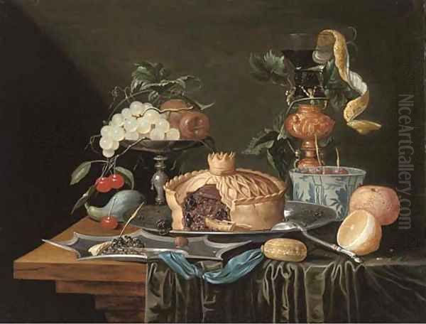 A pie on a pewter plate, grapes and cherries on a pewter tazza, a partly-peeled lemon in a glass roemer and a Dutch delft blue Oil Painting by Christian Luycks