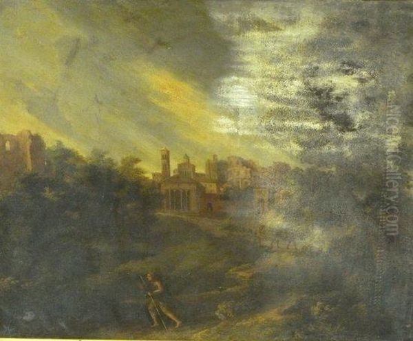 Figures In A Classical Landscape Oil Painting by Gaspard Dughet