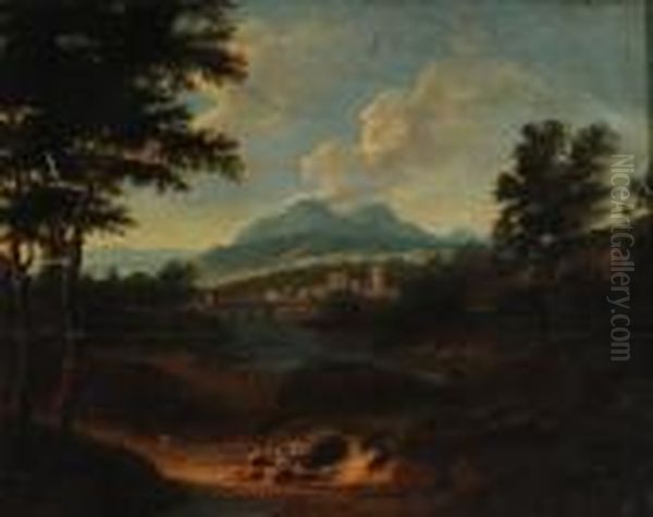 La Valle Del Tevere Sullo Sfondo Del Montesoratte Oil Painting by Gaspard Dughet