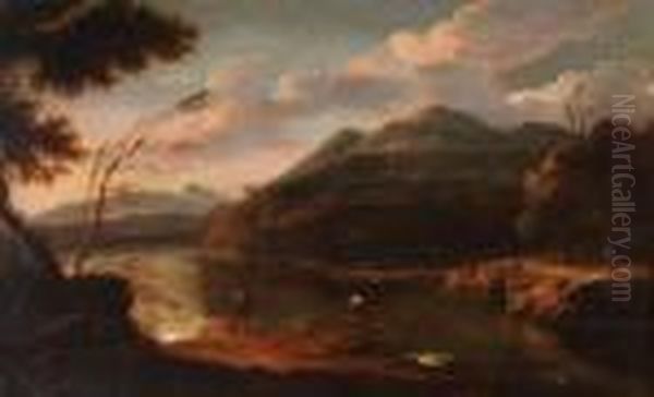 Paesaggio Fluviale Con Pescatori Oil Painting by Gaspard Dughet