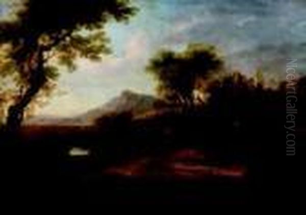 Personnages Remontant Un Chemin Pres D'un Village Oil Painting by Gaspard Dughet