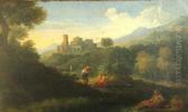 An Extensive Landscape With Classical Figuresin The Foreground Oil Painting by Gaspard Dughet