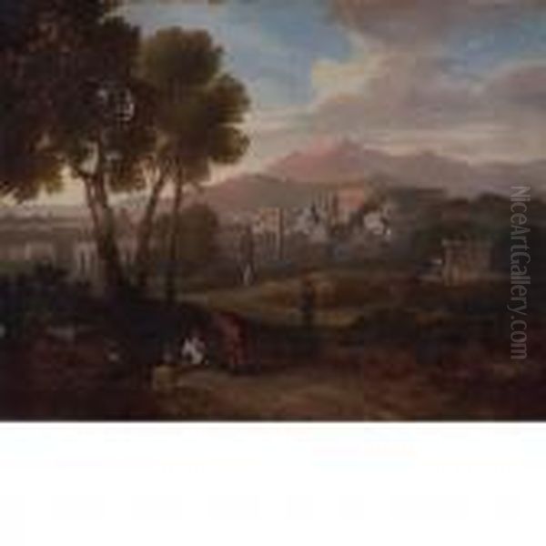 Figures In Landscape With Romein The Middle Distance Oil Painting by Gaspard Dughet
