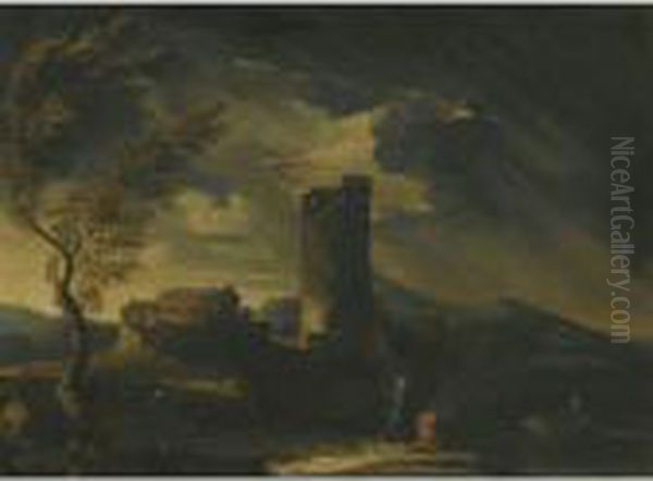 A Thunderous Classical Landscape
 With Two Figures Waiting For Aboat To Come To Shore, A Village And 
Ruins To The Left Oil Painting by Gaspard Dughet