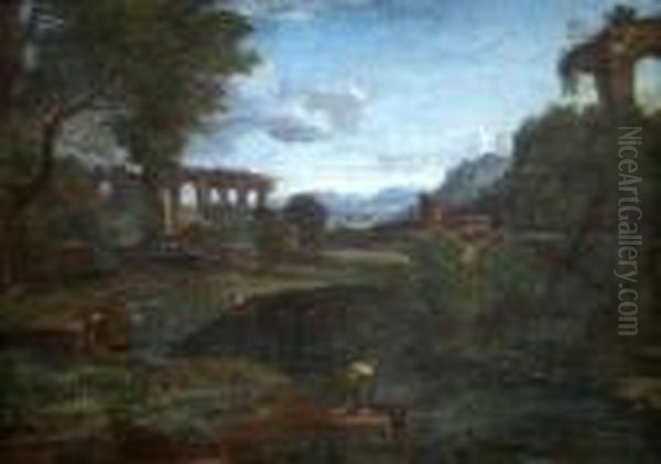Figure By A Ruin In A Classical Landscape Oil Painting by Gaspard Dughet