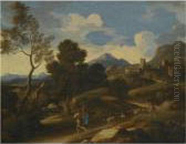 An Italianate Landscape With Goat Herders Driving Their Flock Along
The Path In The Foregound Oil Painting by Gaspard Dughet