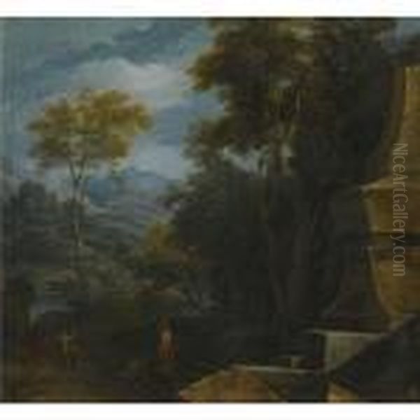 An Italianate Landscape With A Woman Fetching Water From Afountain Oil Painting by Gaspard Dughet