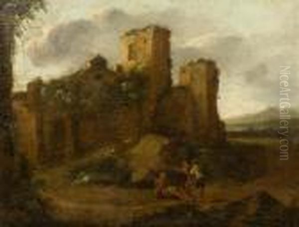 Three Men In Front Of A Ruin Oil Painting by Gaspard Dughet